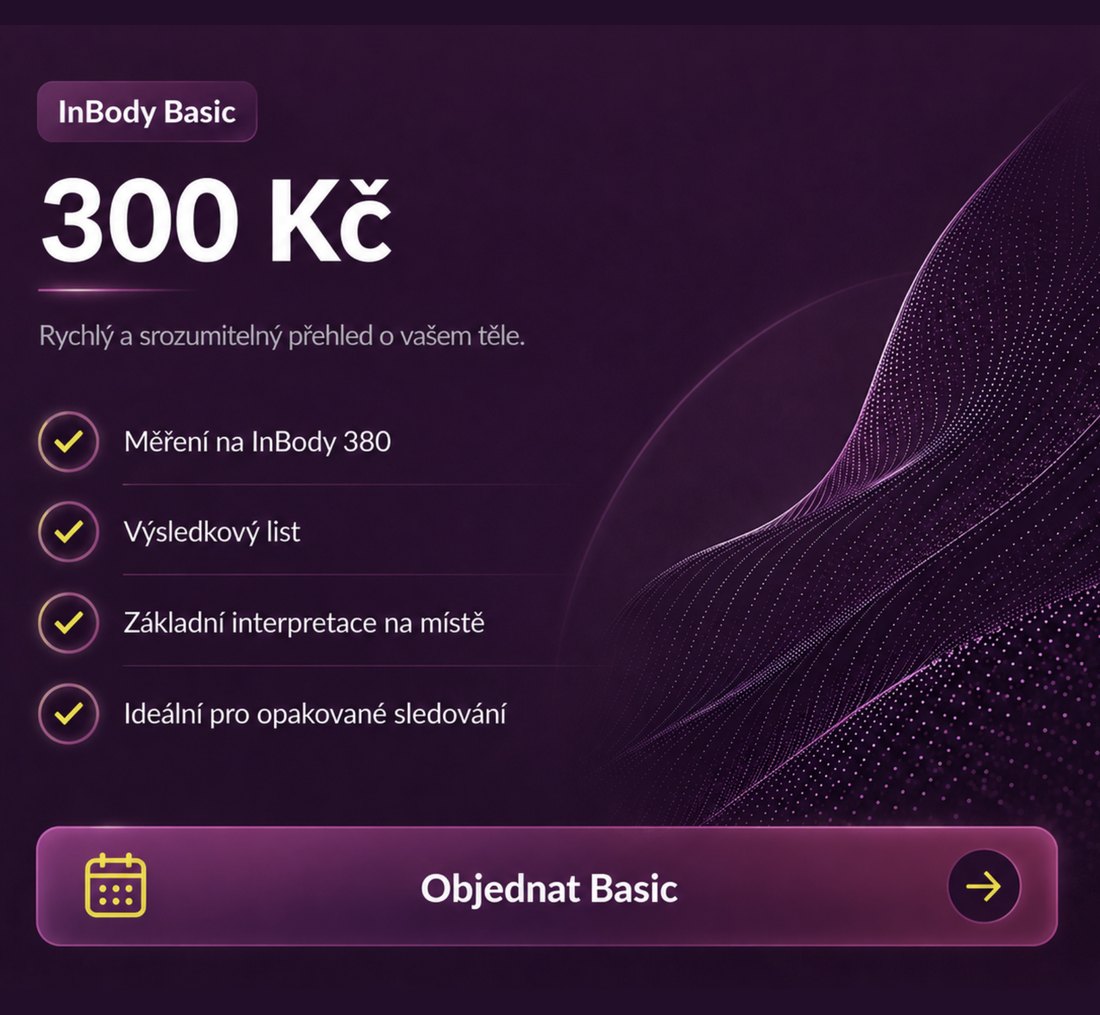 InBody Basic – 300 Kč: měření na InBody 380, výsledkový list, základní interpretace na místě, ideální pro opakované sledování